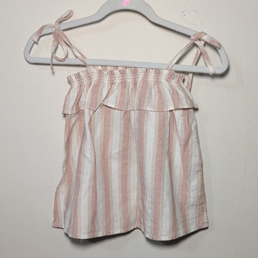 Rylee + Cru Petal Stripe Ruffle Tube Top Pink Cream Linen Cotton Summer Size 4-5